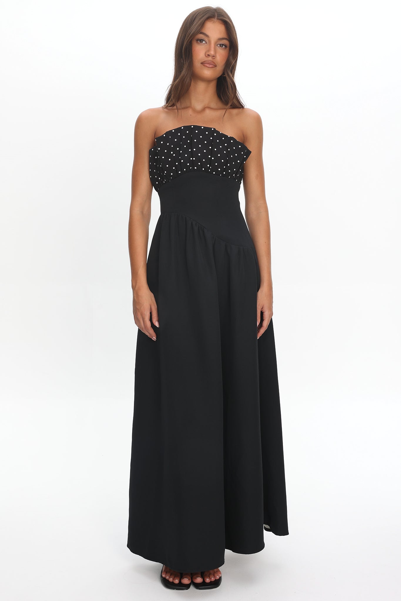 Illianah Frill Bust Asymmetric Hem Maxi Dress Black by Selfie Leslie Australia