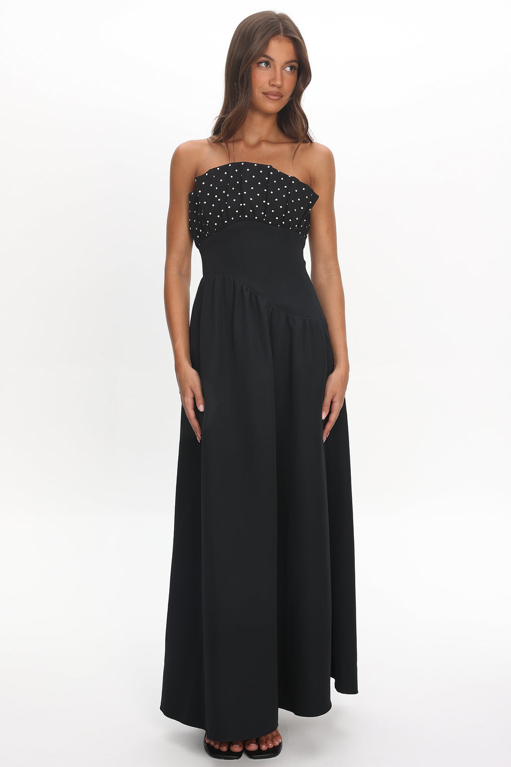 Illianah Frill Bust Asymmetric Hem Maxi Dress Black by Selfie Leslie Australia