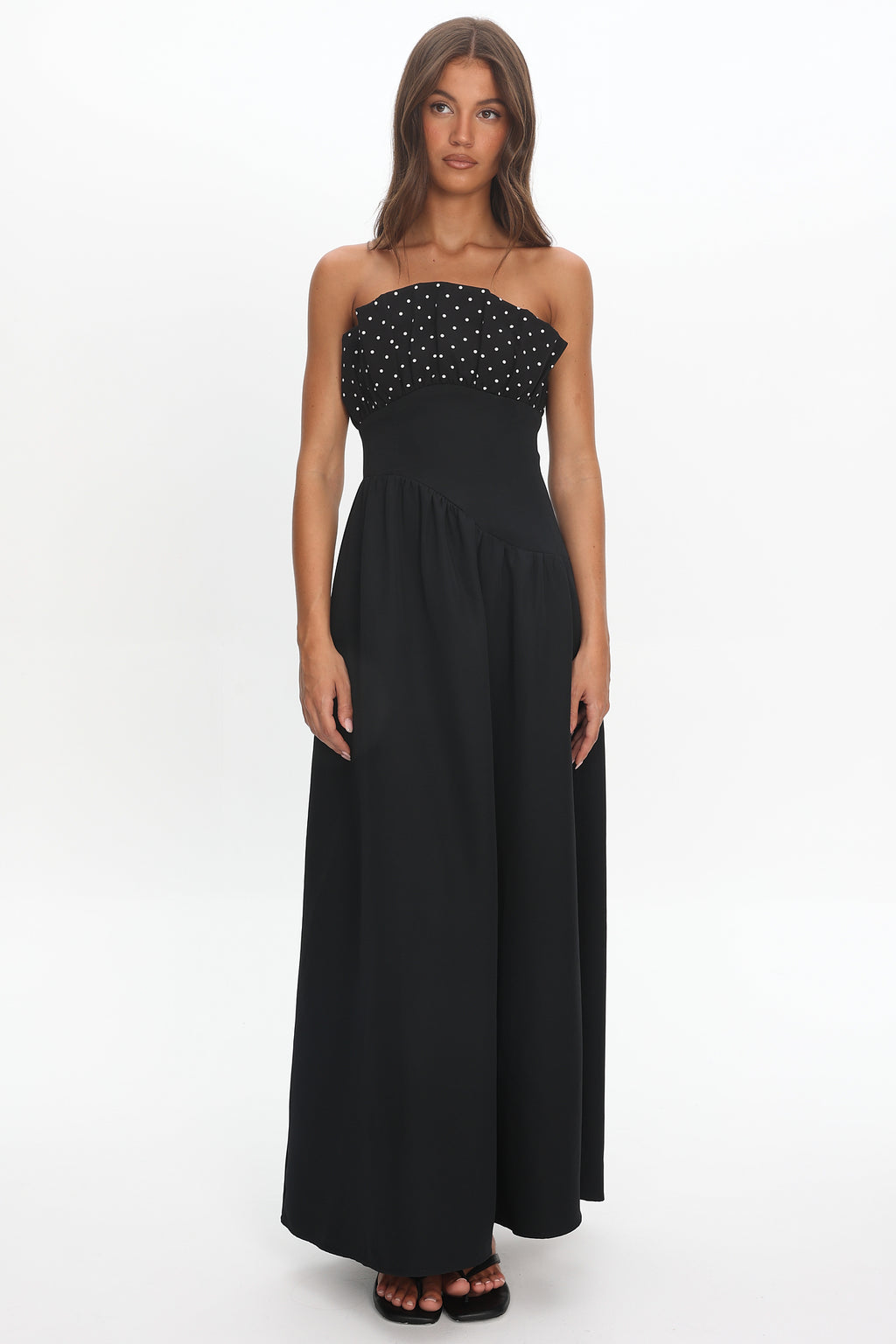 Illianah Frill Bust Asymmetric Hem Maxi Dress Black by Selfie Leslie Australia