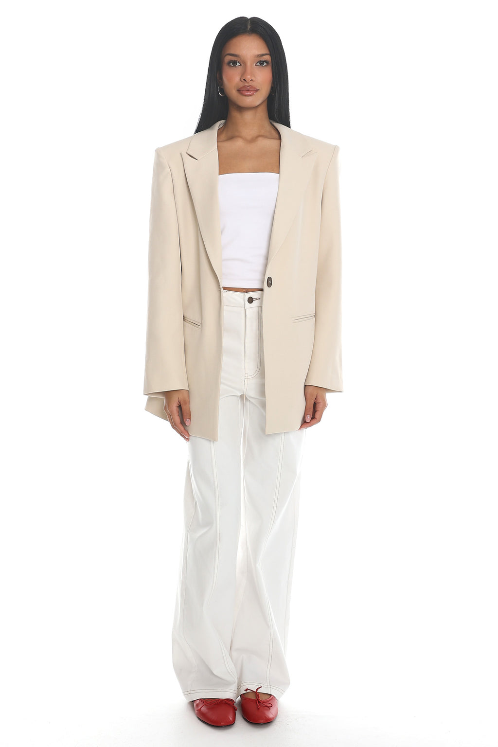 Serana Notch Lapel Oversized Blazer Beige by Selfie Leslie Australia