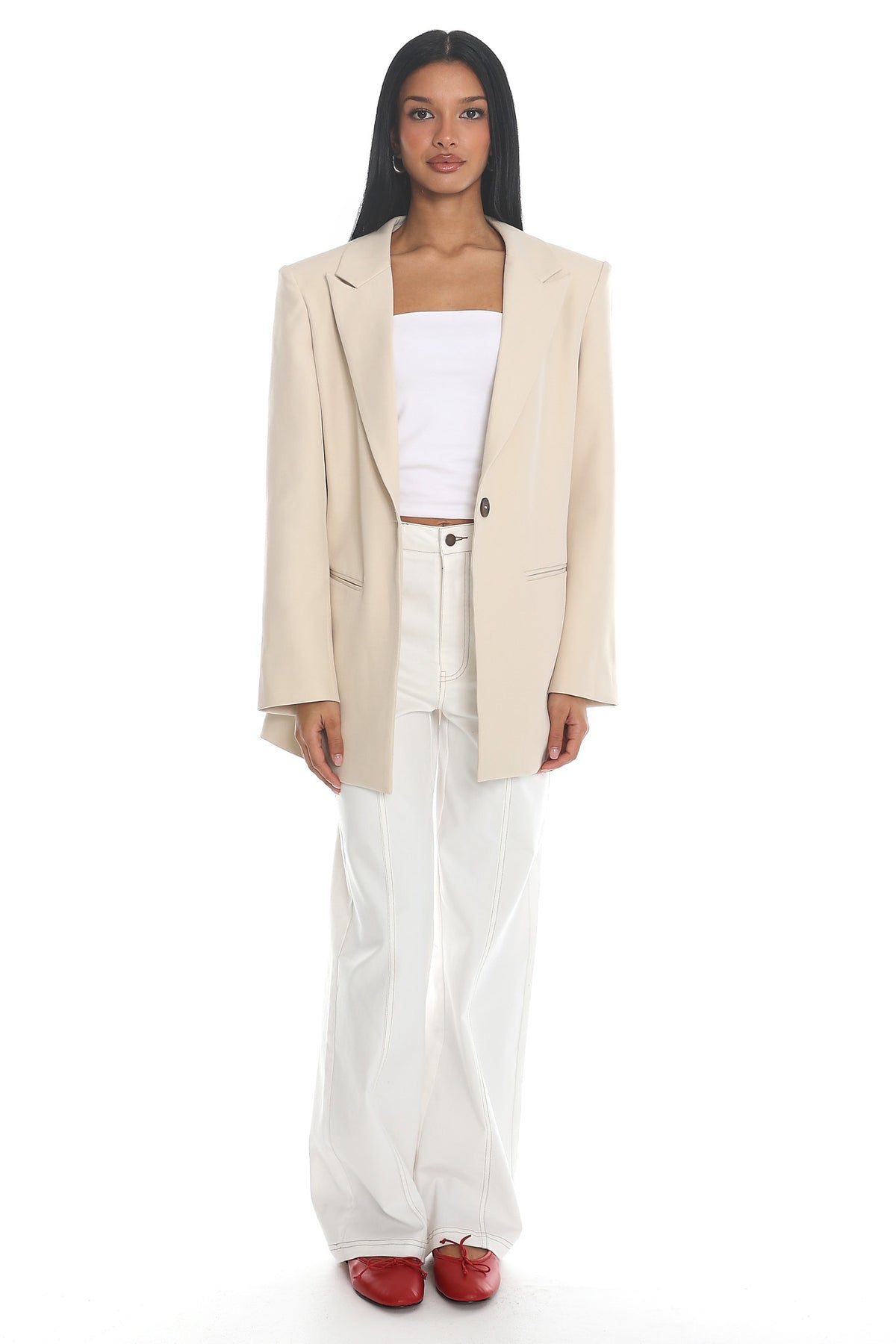 Serana Notch Lapel Oversized Blazer Beige by Selfie Leslie Australia