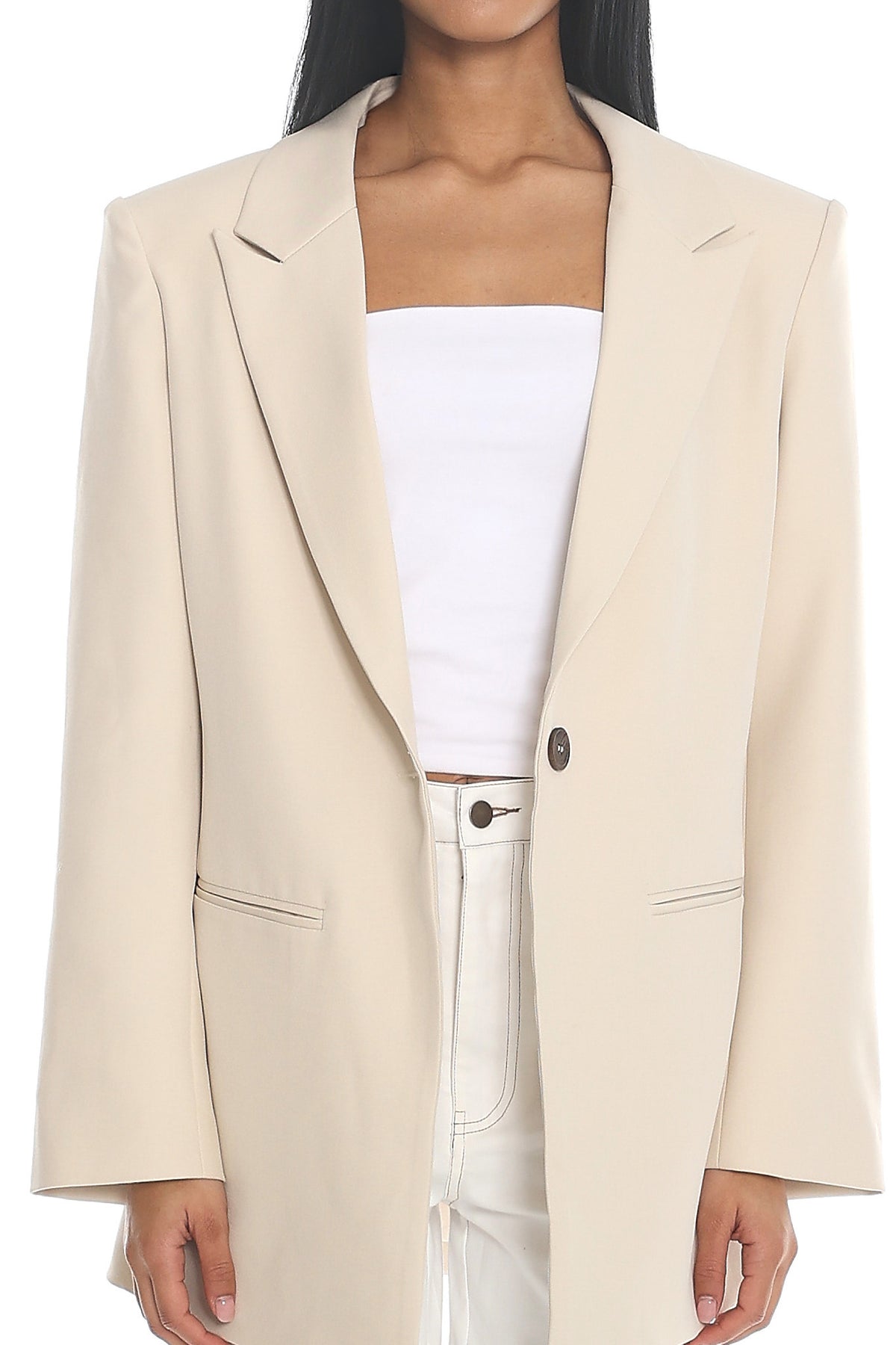 Serana Notch Lapel Oversized Blazer Beige by Selfie Leslie Australia
