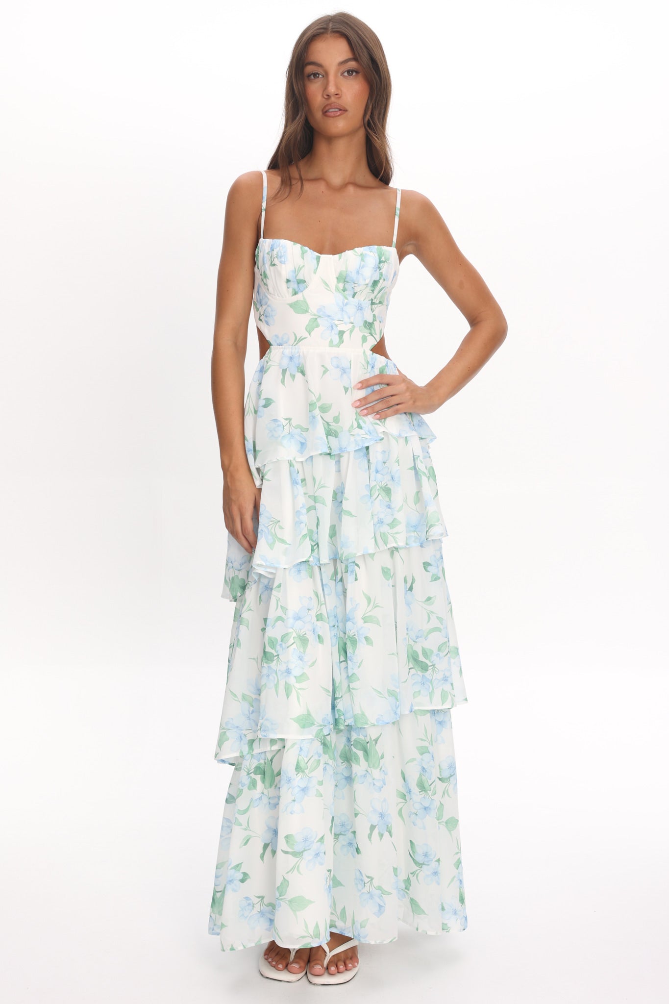 Vianne Tiered Cut-Out Maxi Dress Floral Blue by Selfie Leslie Australia