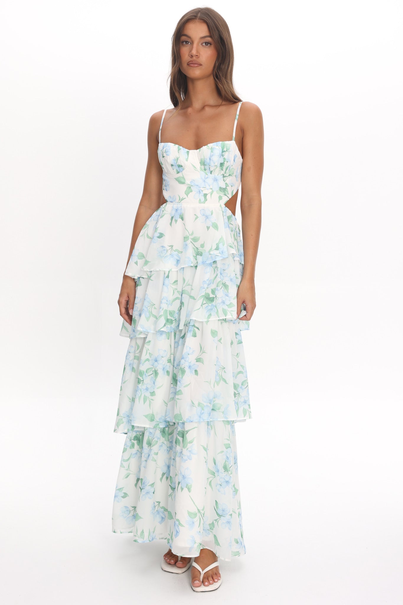 Vianne Tiered Cut-Out Maxi Dress Floral Blue by Selfie Leslie Australia
