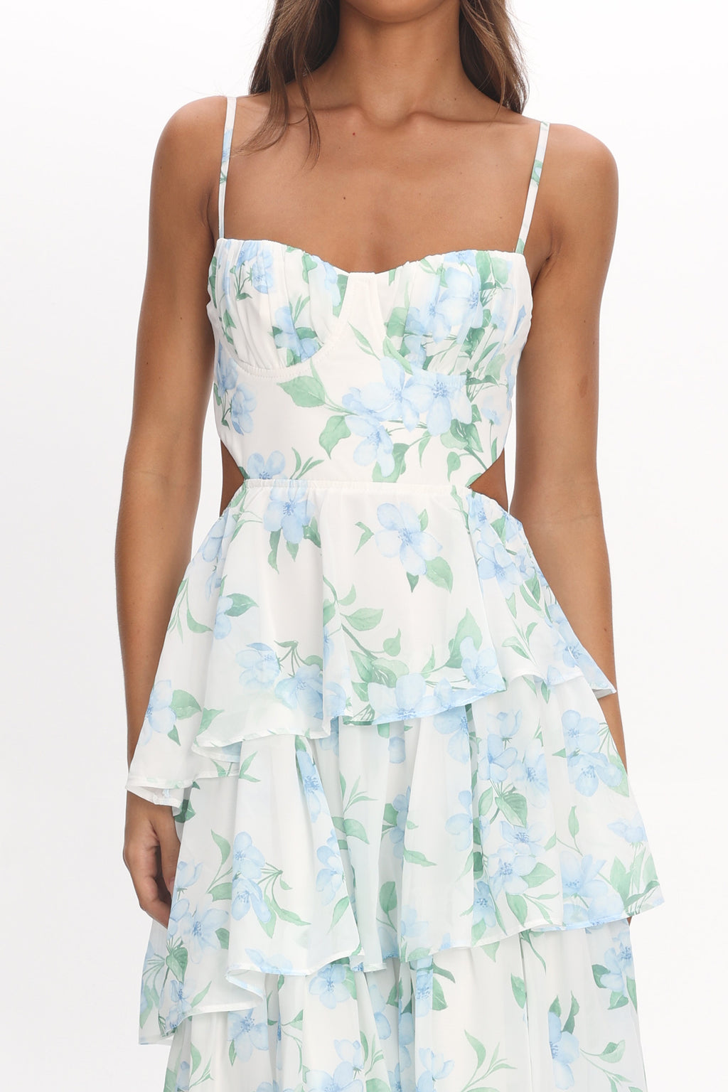 Vianne Tiered Cut-Out Maxi Dress Floral Blue by Selfie Leslie Australia