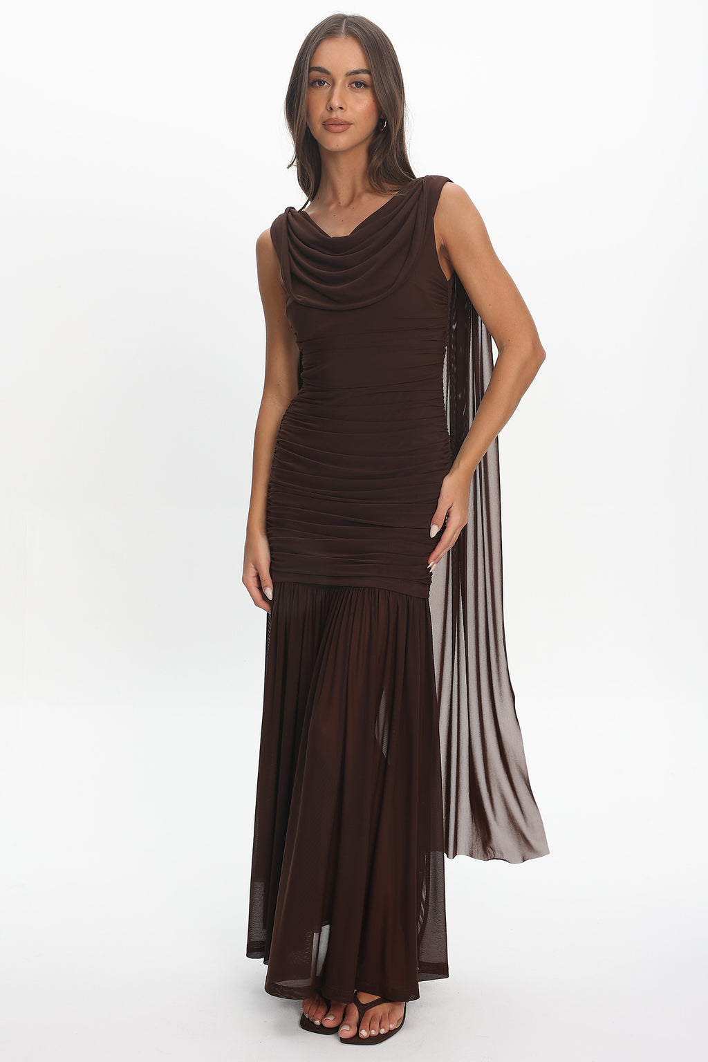 Rosellea Draped Shoulder Maxi Dress Chocolate by Selfie Leslie Australia