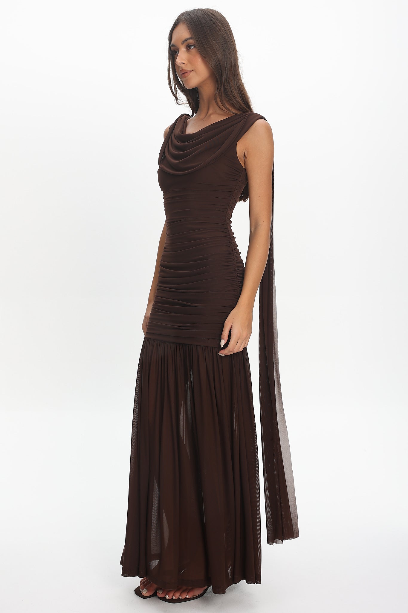 Rosellea Draped Shoulder Maxi Dress Chocolate by Selfie Leslie Australia