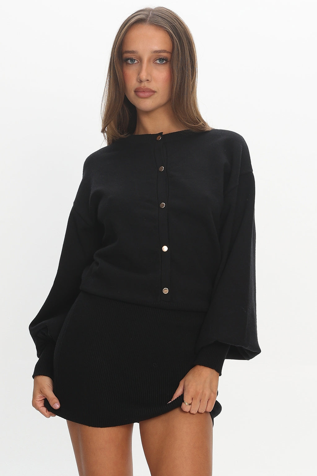 Azari Buttoned Knit Mini Dress Black by Selfie Leslie Australia