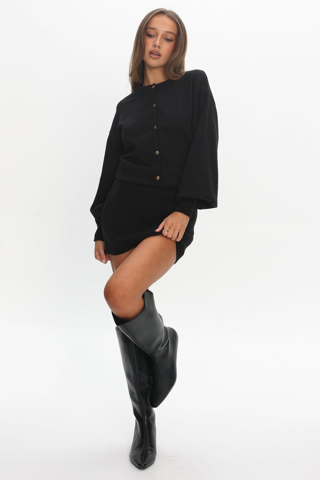 Azari Buttoned Knit Mini Dress Black by Selfie Leslie Australia