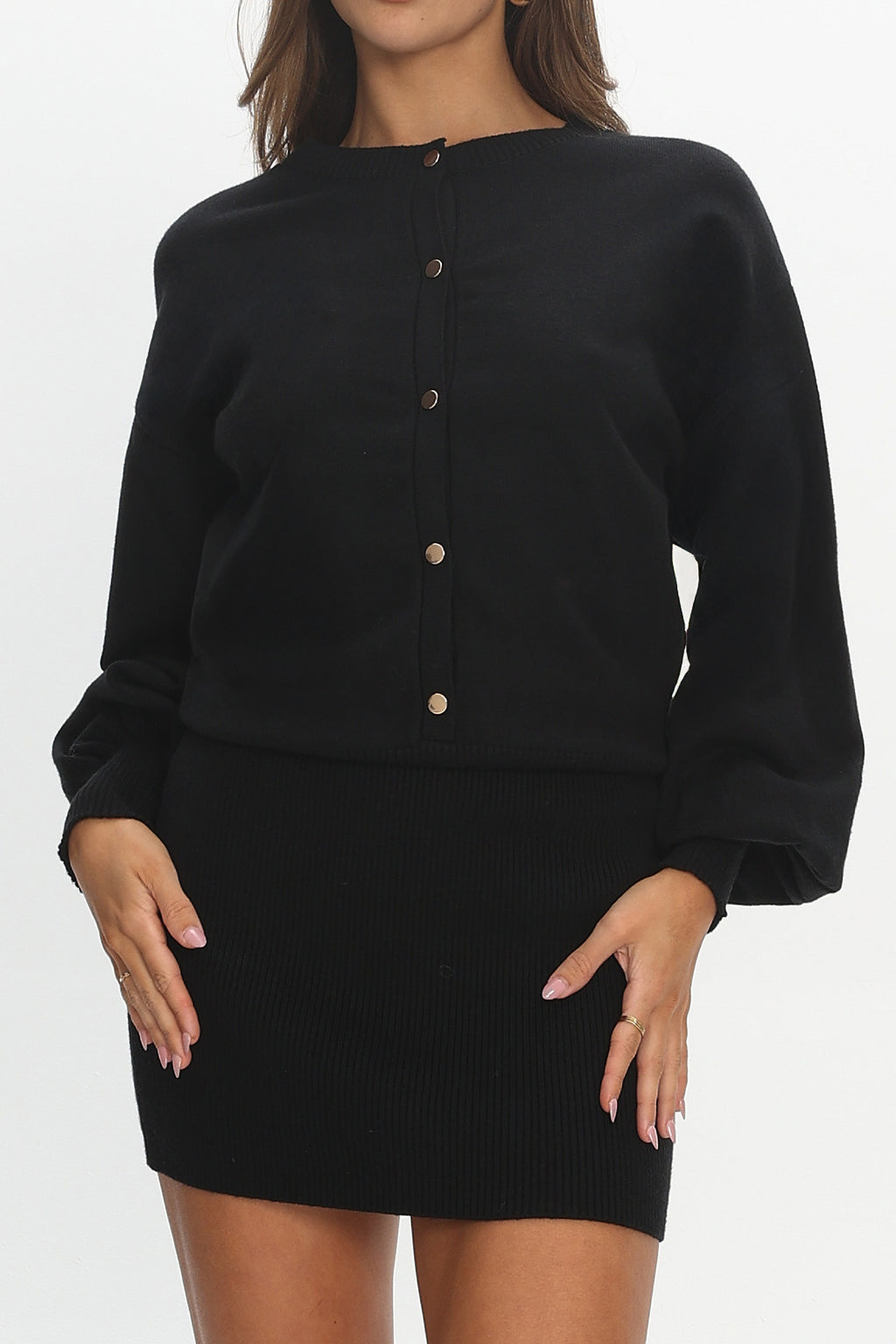 Azari Buttoned Knit Mini Dress Black by Selfie Leslie Australia