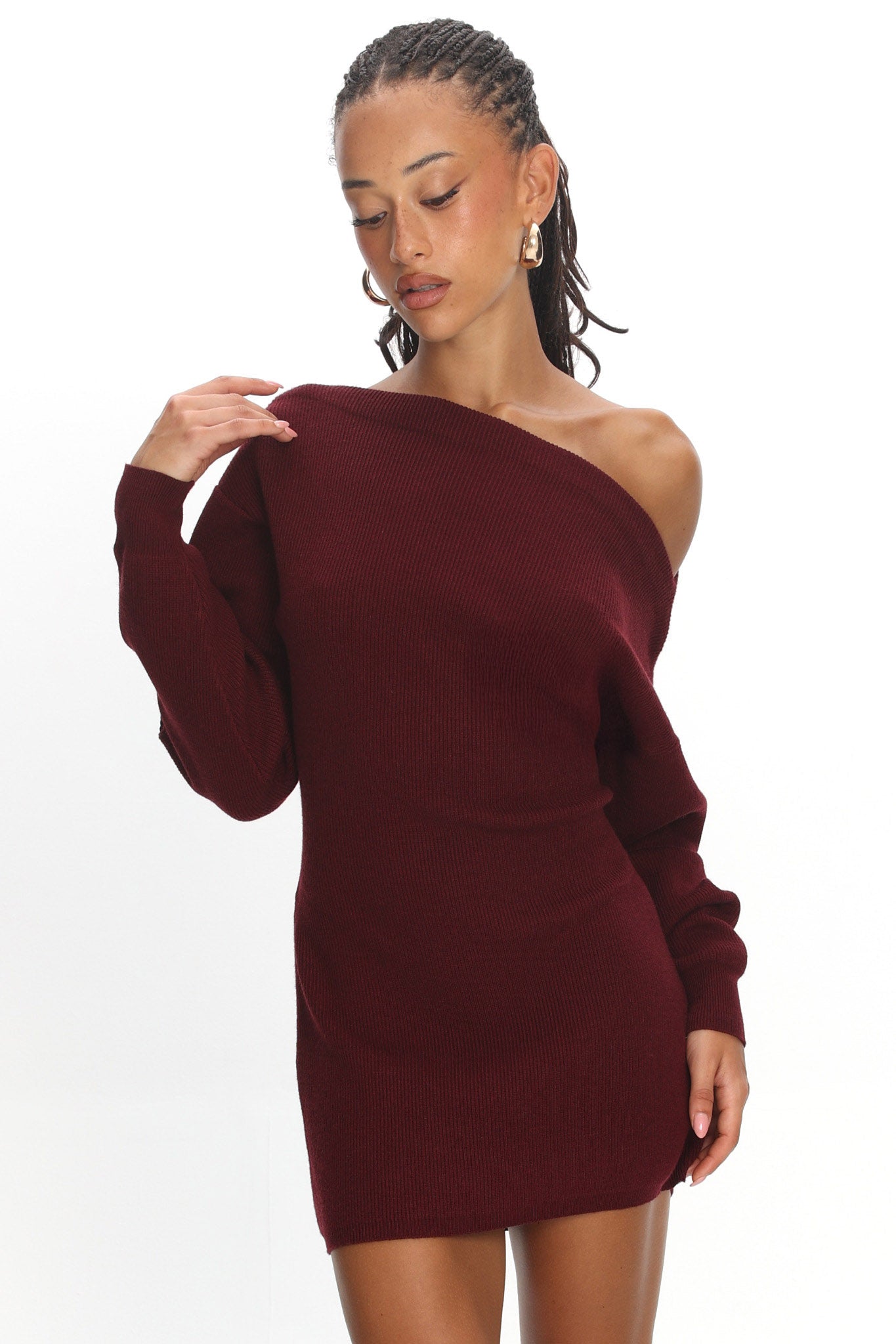 Fremont One-Shoulder Fuzzy Knit Mini Dress Wine by Selfie Leslie Australia