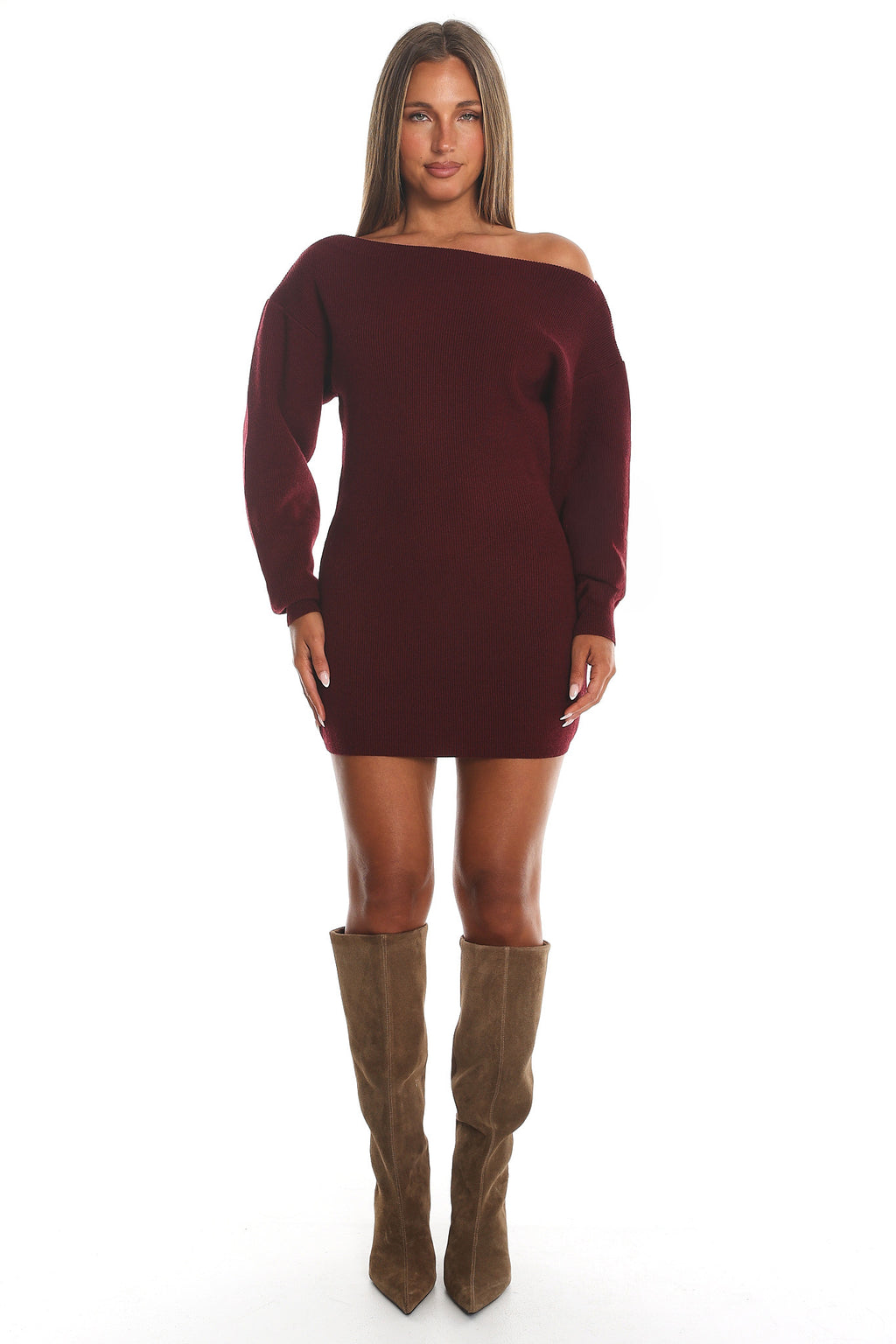Fremont One-Shoulder Fuzzy Knit Mini Dress Wine by Selfie Leslie Australia