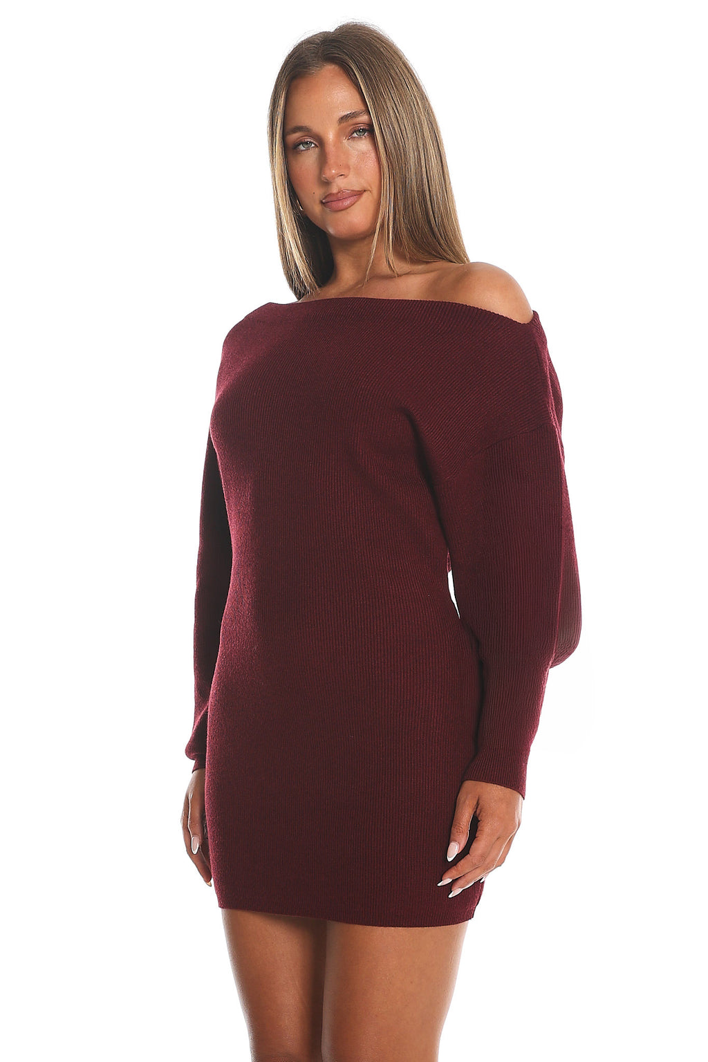 Fremont One-Shoulder Fuzzy Knit Mini Dress Wine by Selfie Leslie Australia