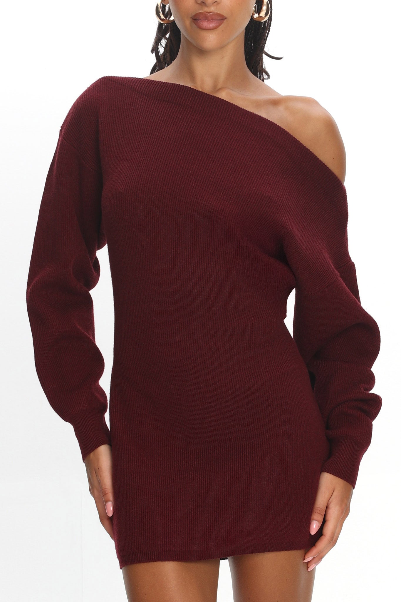 Fremont One-Shoulder Fuzzy Knit Mini Dress Wine by Selfie Leslie Australia