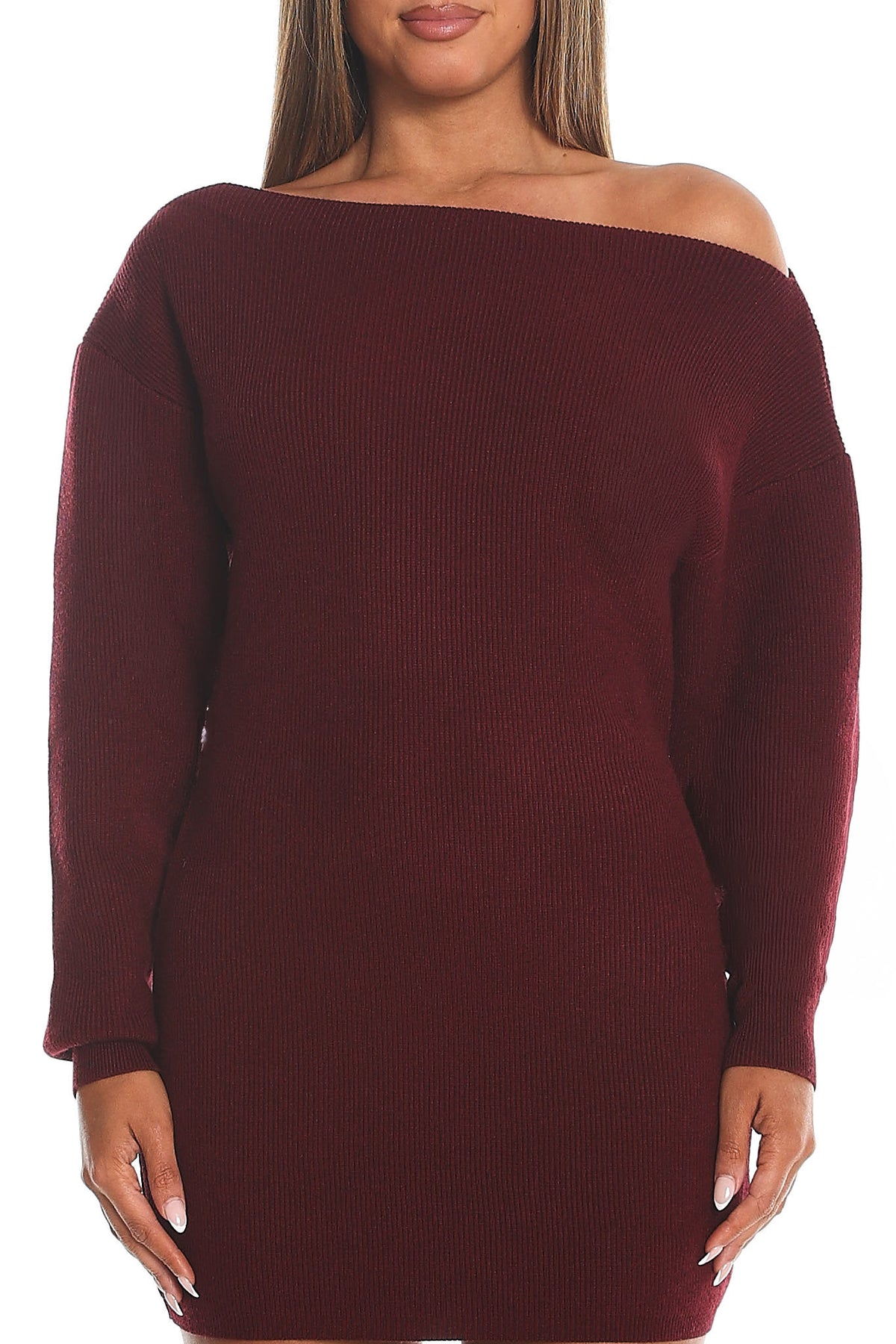 Fremont One-Shoulder Fuzzy Knit Mini Dress Wine by Selfie Leslie Australia
