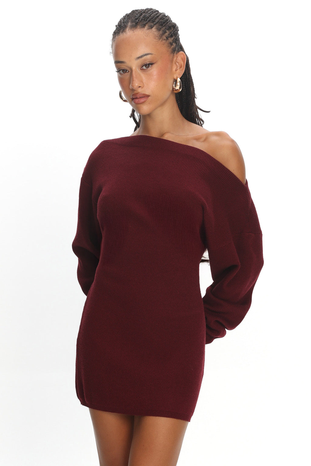 Fremont One-Shoulder Fuzzy Knit Mini Dress Wine by Selfie Leslie Australia