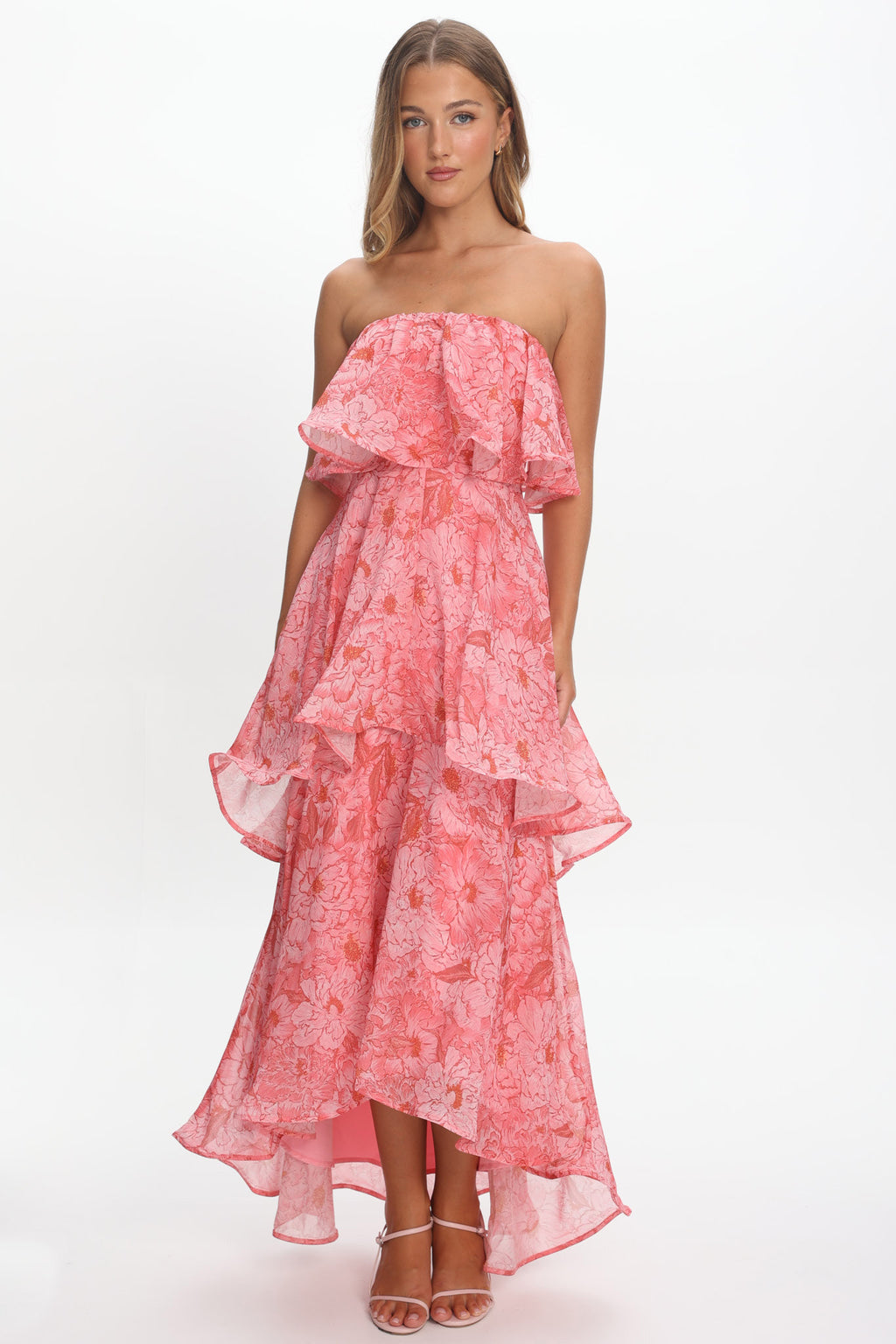 Honfleur Strapless Layered Maxi Dress Print Pink by Selfie Leslie Australia