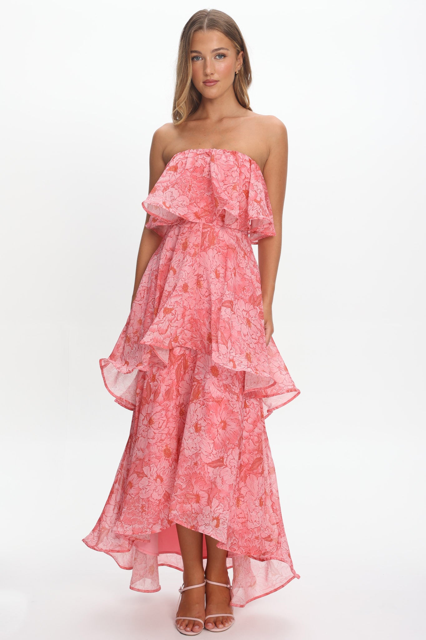 Honfleur Strapless Layered Maxi Dress Print Pink by Selfie Leslie Australia