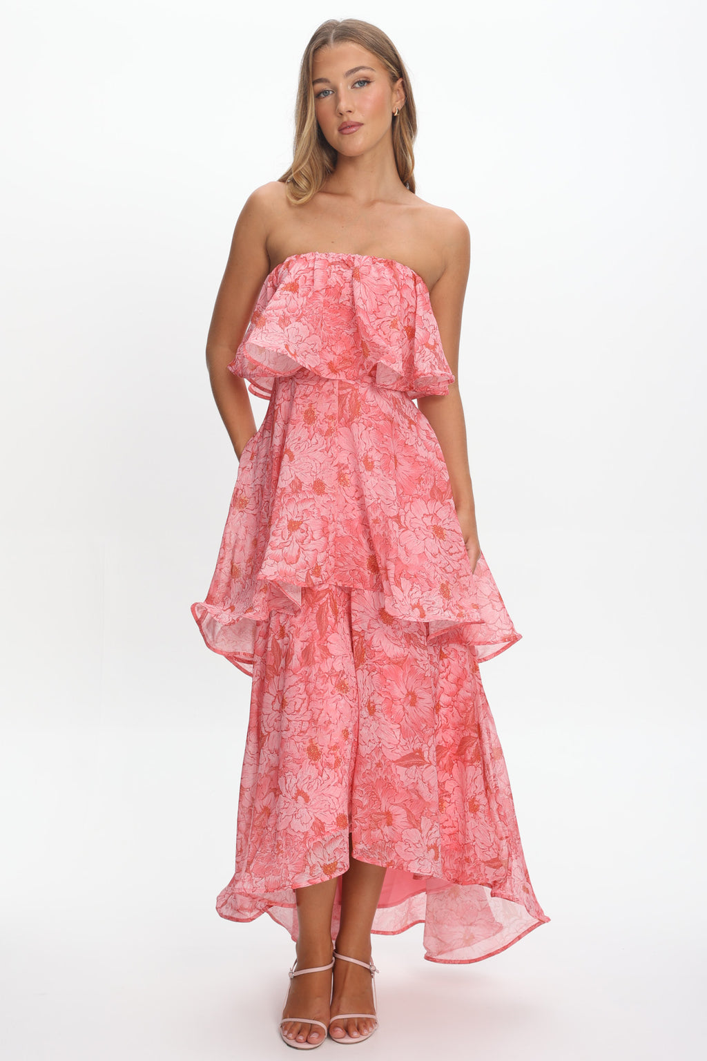 Honfleur Strapless Layered Maxi Dress Print Pink by Selfie Leslie Australia