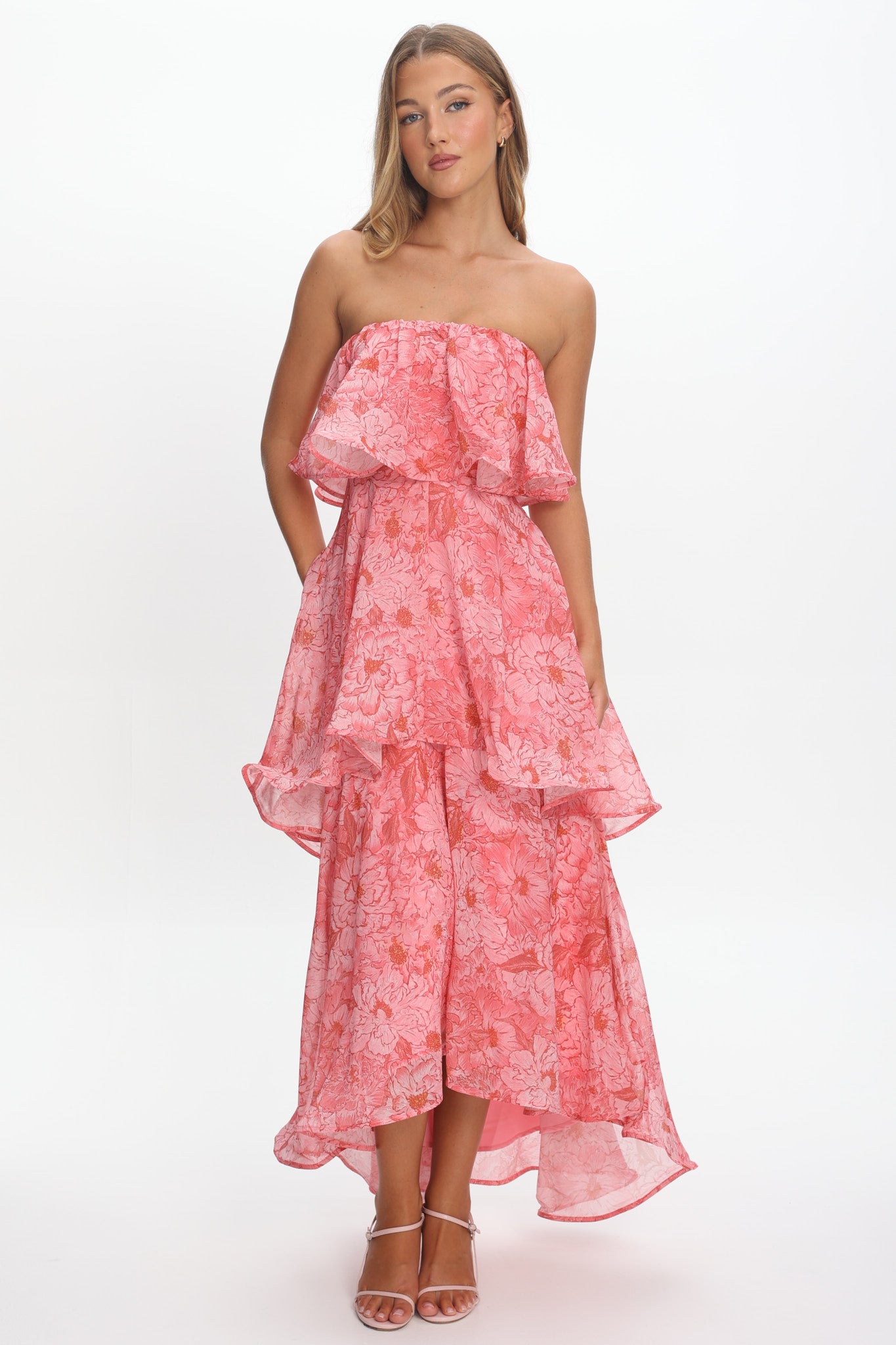 Honfleur Strapless Layered Maxi Dress Print Pink by Selfie Leslie Australia