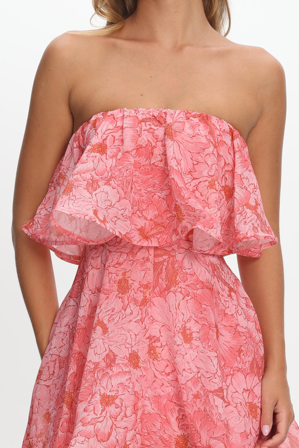 Honfleur Strapless Layered Maxi Dress Print Pink by Selfie Leslie Australia