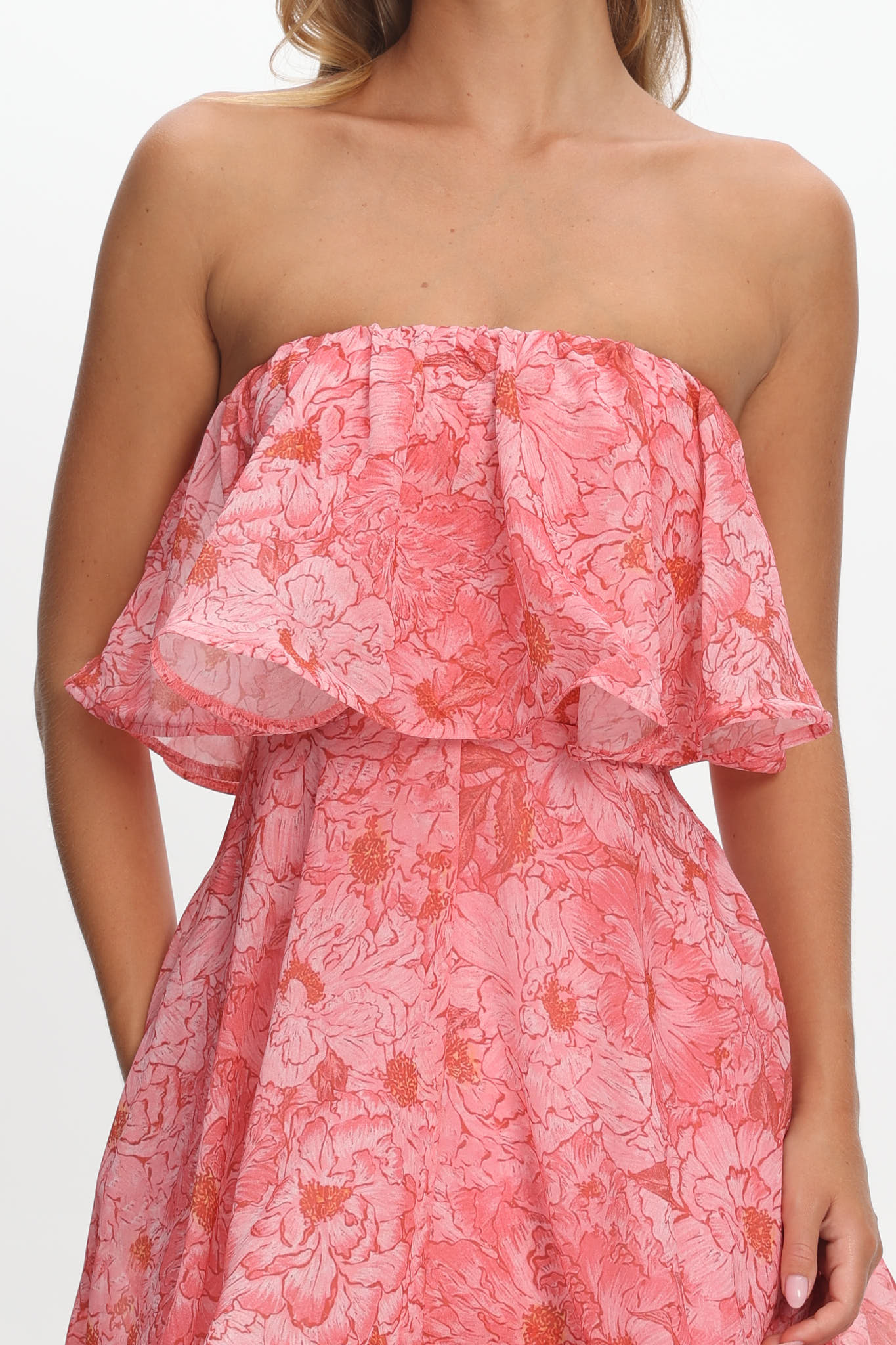 Honfleur Strapless Layered Maxi Dress Print Pink by Selfie Leslie Australia