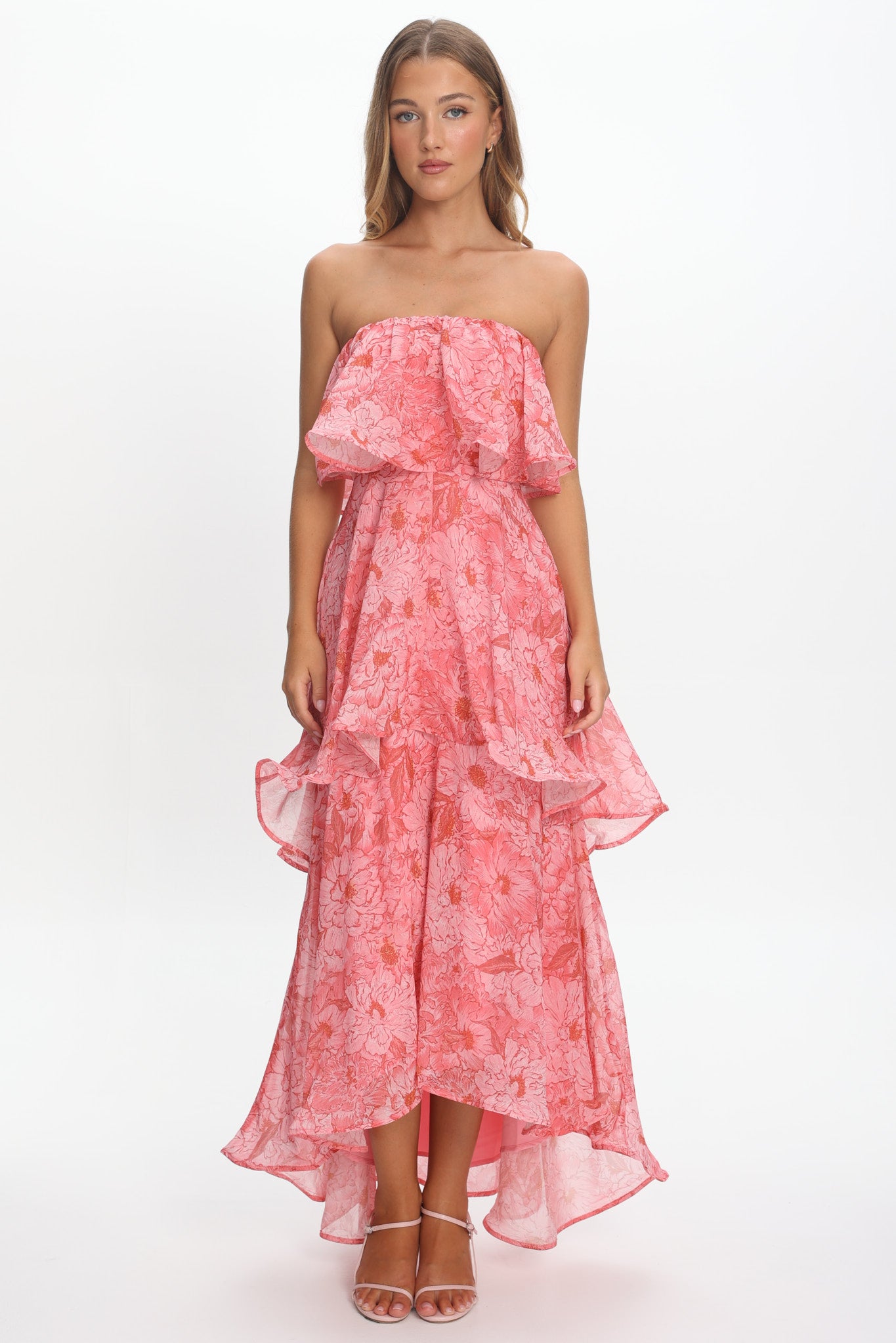 Honfleur Strapless Layered Maxi Dress Print Pink by Selfie Leslie Australia