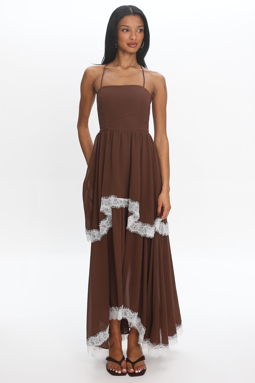 Sunrise on Sunset Lace Trim Maxi Dress Chocolate