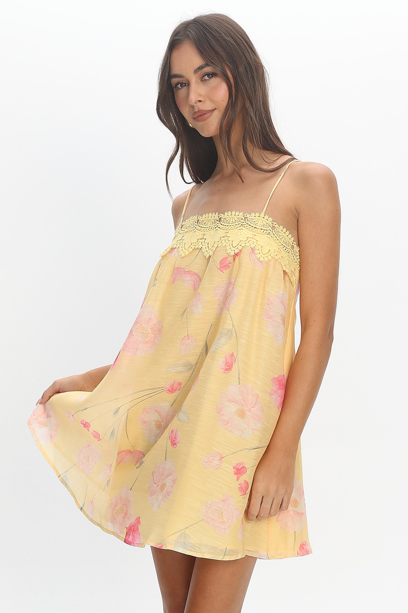 Believer Lace Neckline Mini Dress Baby Yellow
