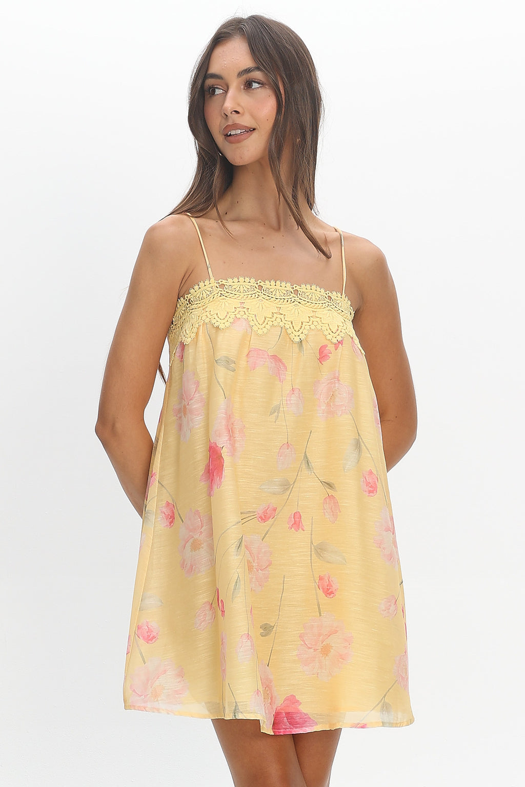 Believer Lace Neckline Mini Dress Baby Yellow