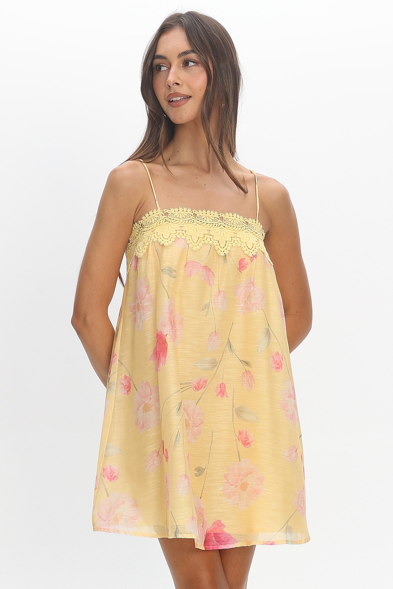 Believer Lace Neckline Mini Dress Baby Yellow