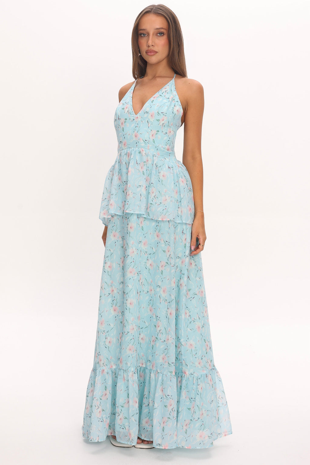 Whispering Petals Peplum Maxi Dress Baby Blue