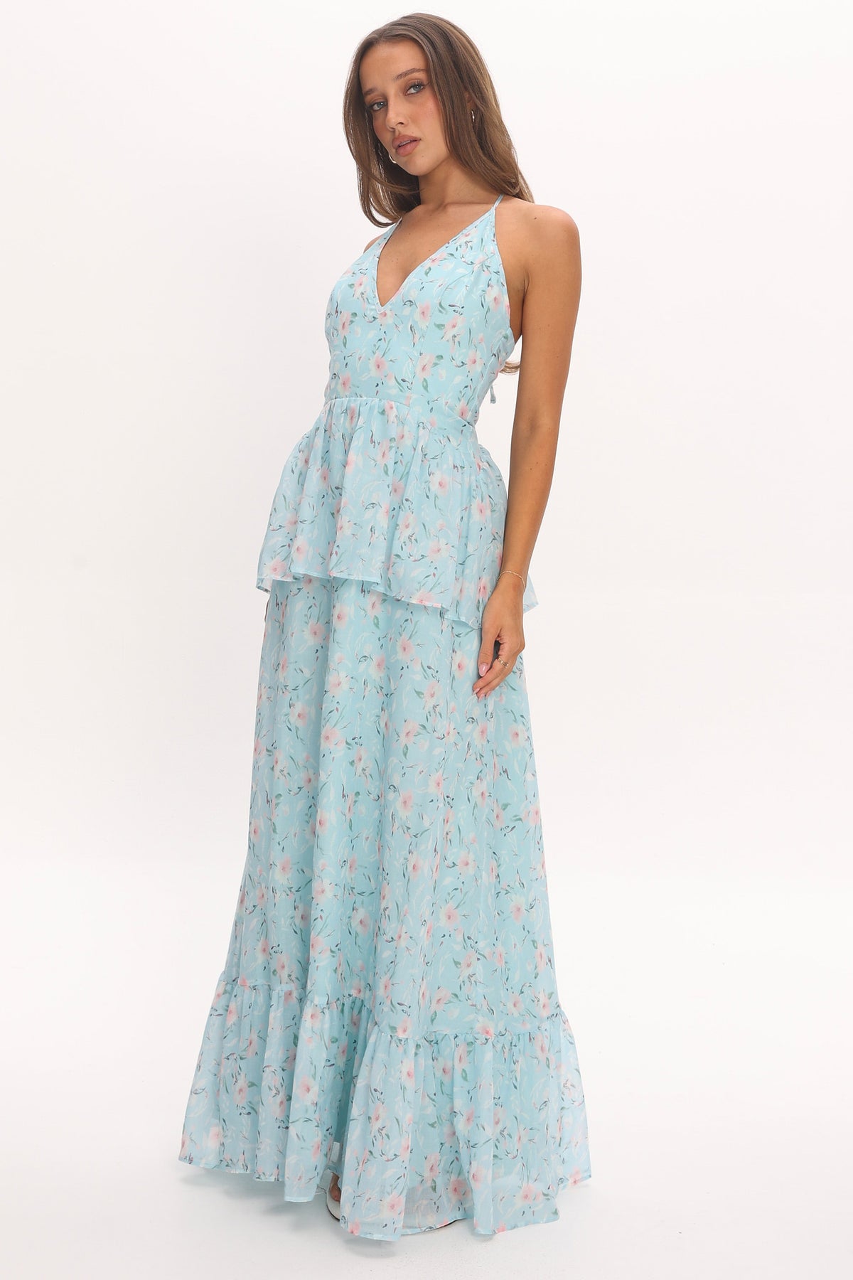 Whispering Petals Peplum Maxi Dress Baby Blue