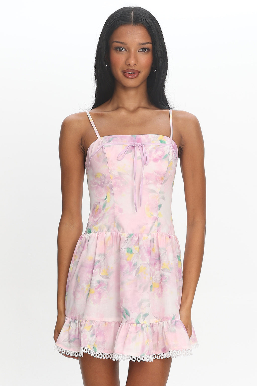 Frederika Lace Trim Mini Dress Floral Lilac