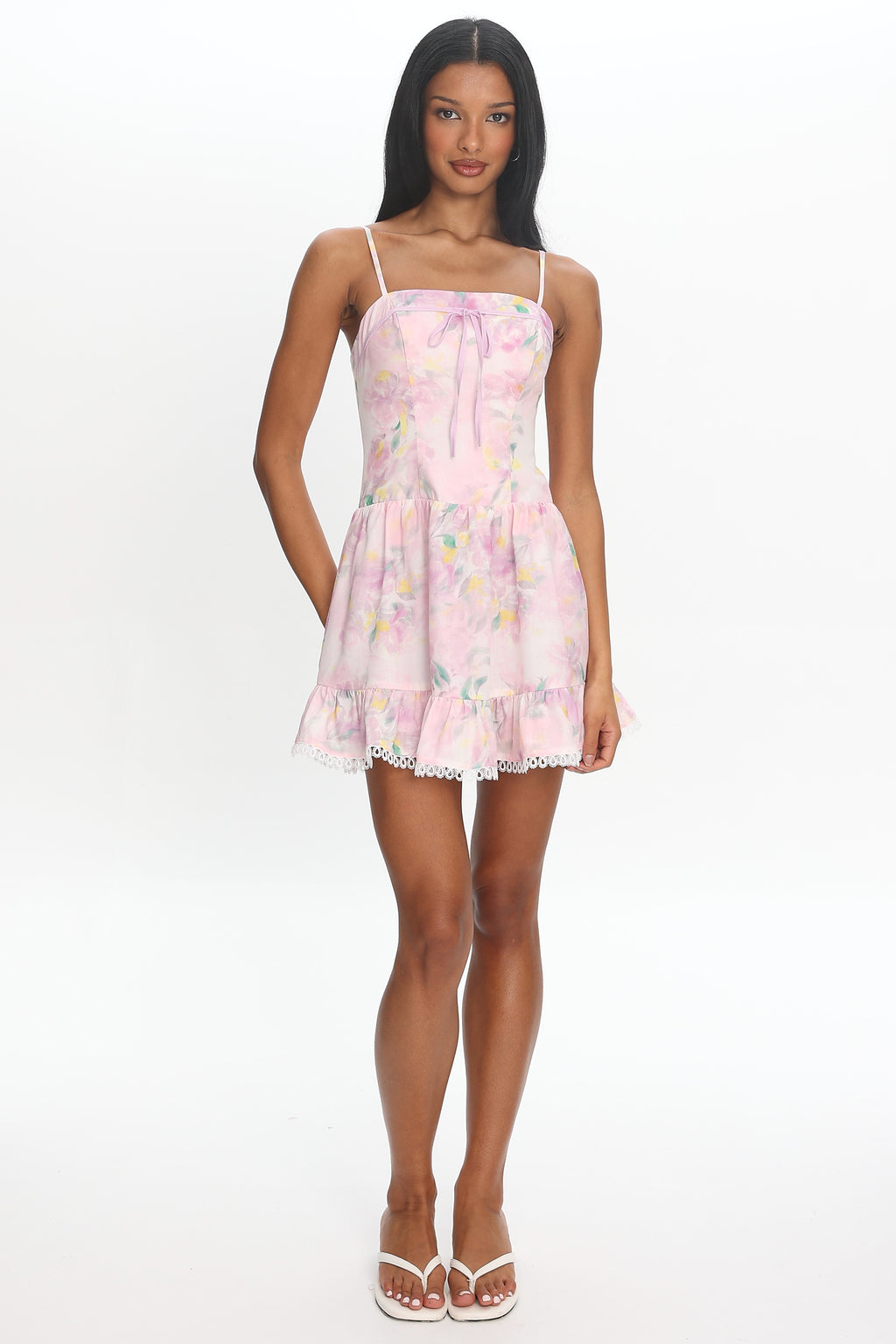 Frederika Lace Trim Mini Dress Floral Lilac