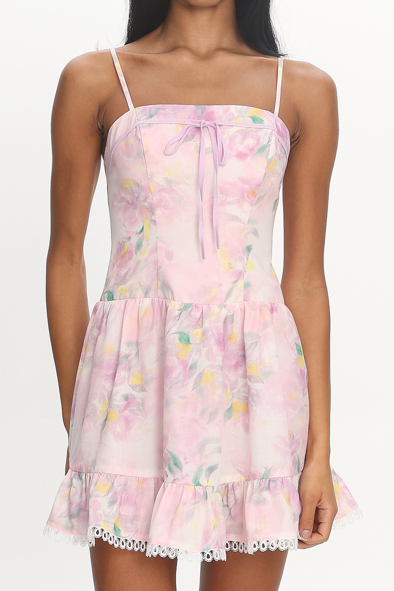 Frederika Lace Trim Mini Dress Floral Lilac
