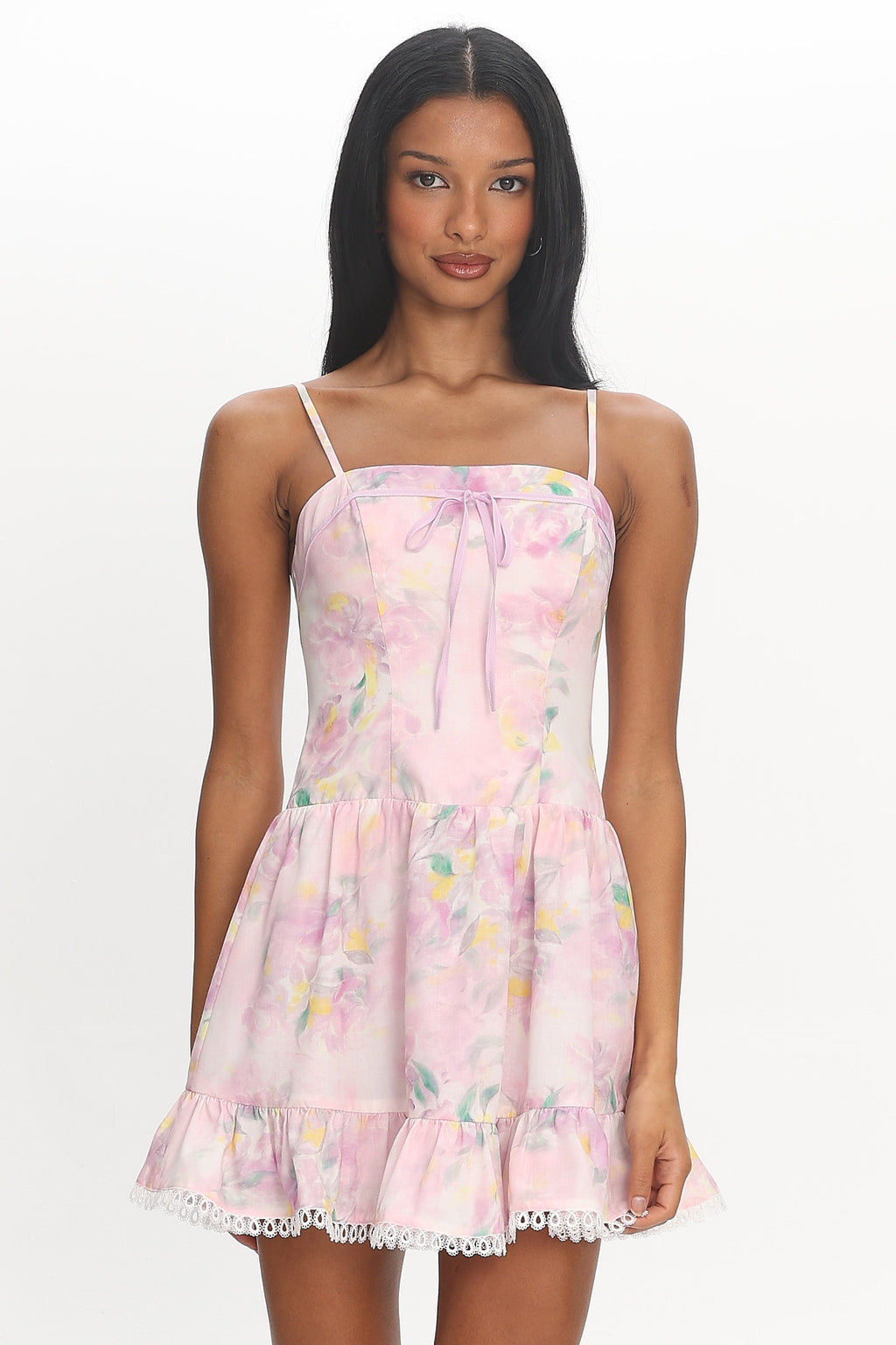 Frederika Lace Trim Mini Dress Floral Lilac
