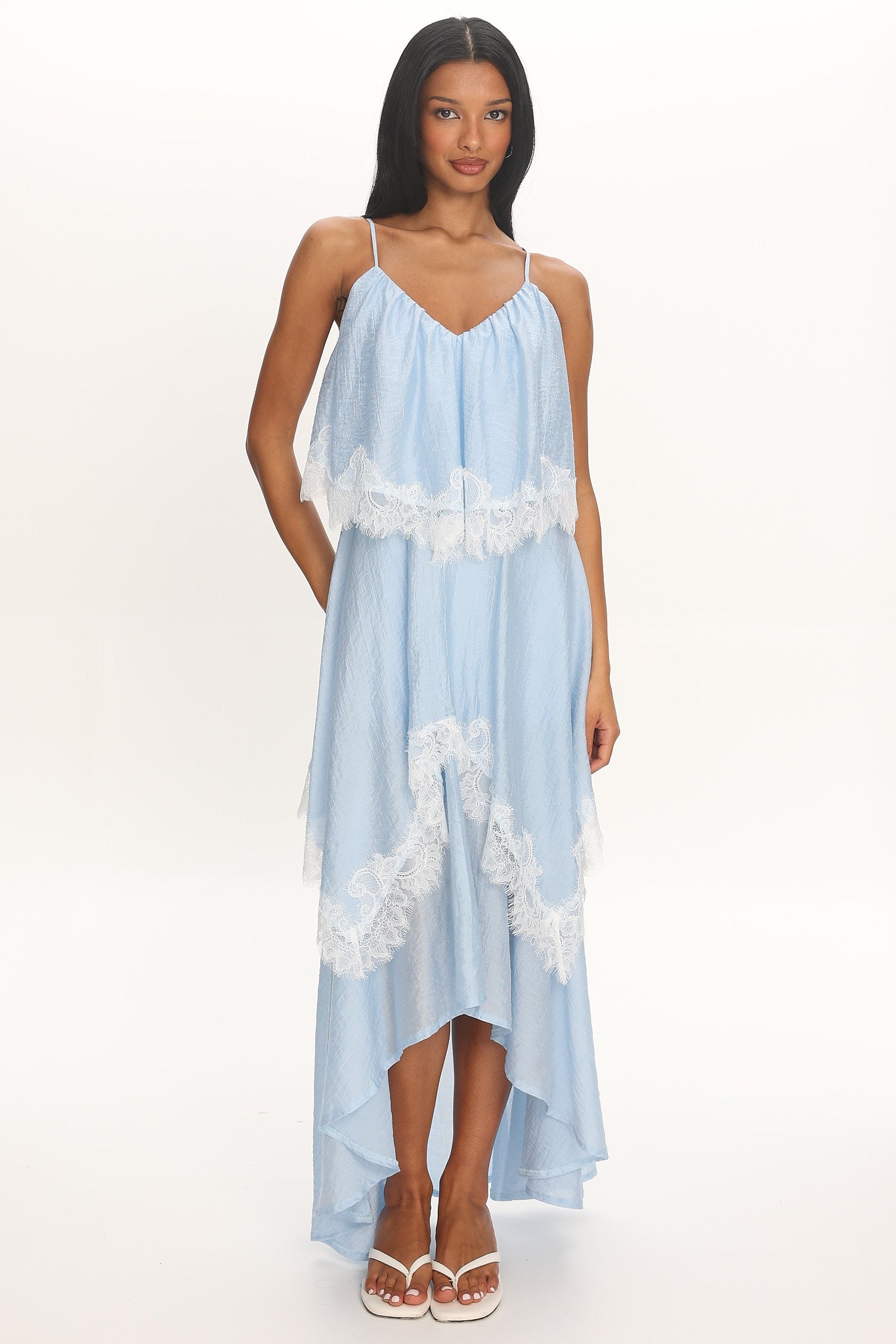 Ivory Dreams Lace-Trim Maxi Dress Baby Blue