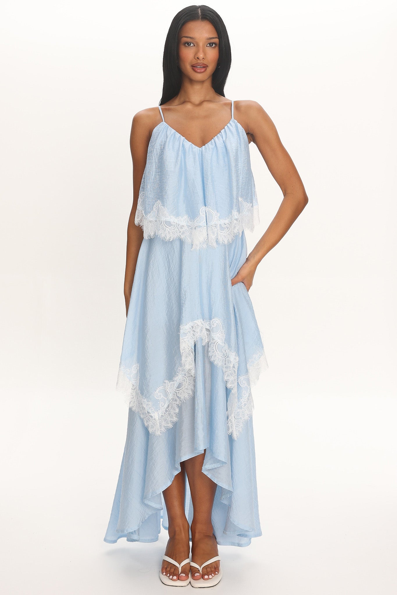 Ivory Dreams Lace-Trim Maxi Dress Baby Blue