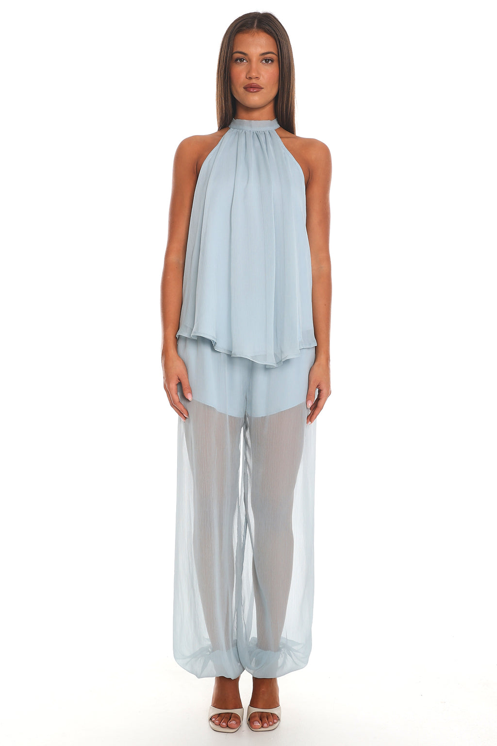 Mykonos Breeze Tie Neck Halter Top Dusty Blue
