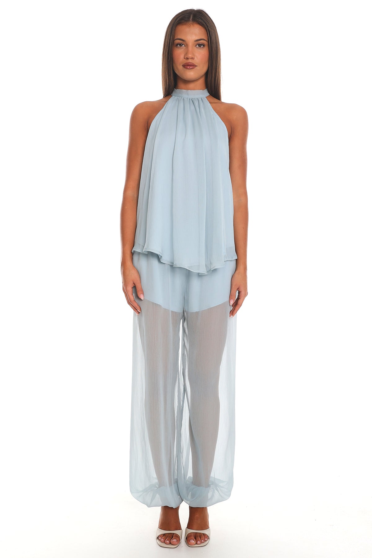 Mykonos Breeze Tie Neck Halter Top Dusty Blue