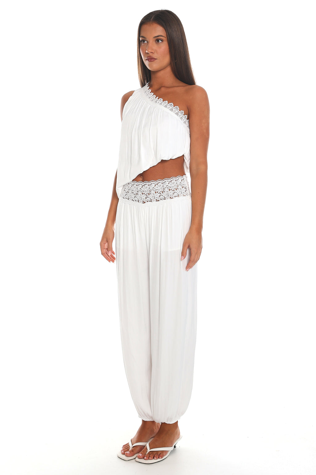 Venetian Escape Lace Waist Harem Pants White
