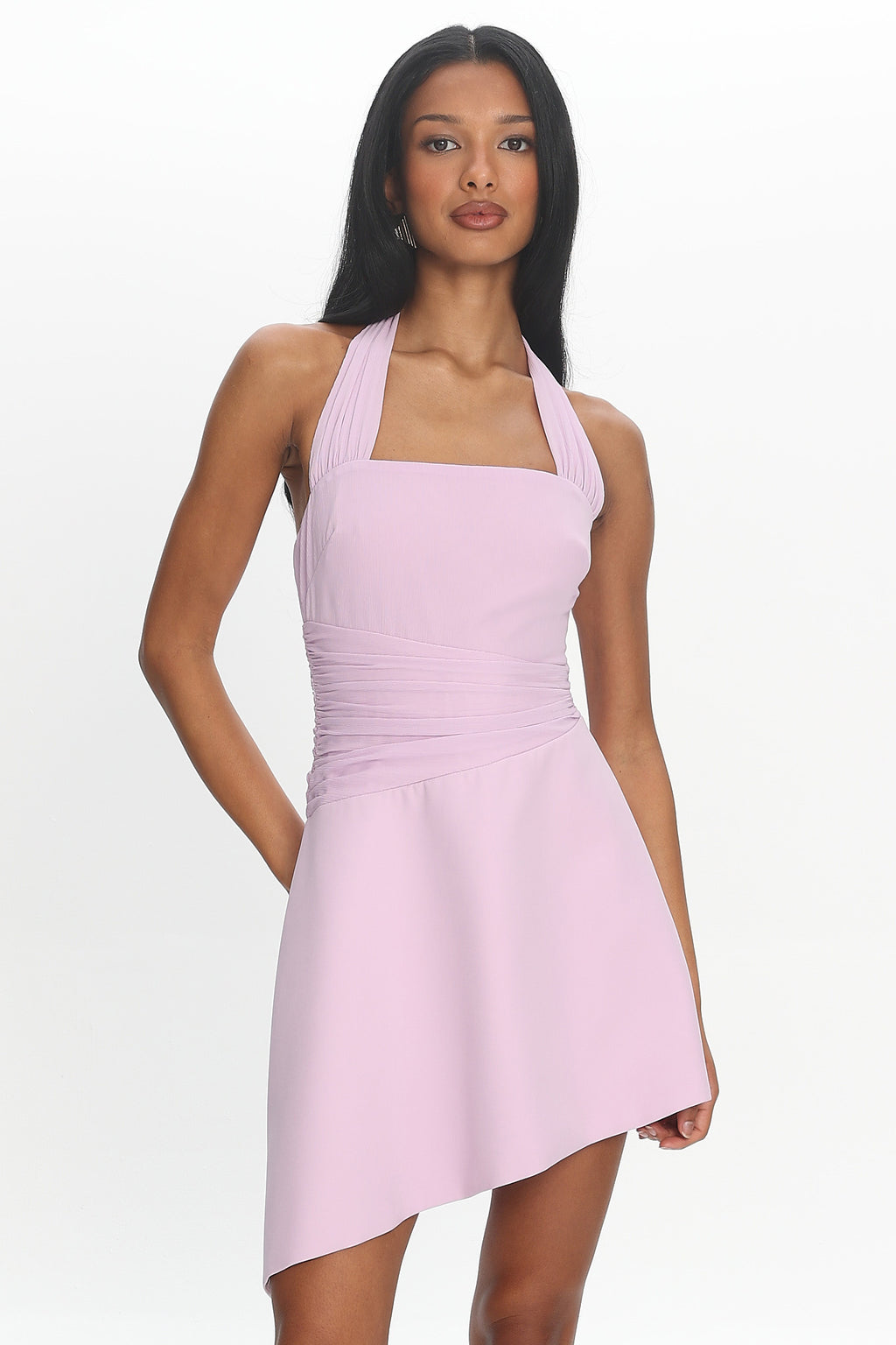 Painted Kisses Asymmetric Halter Mini Dress Lilac