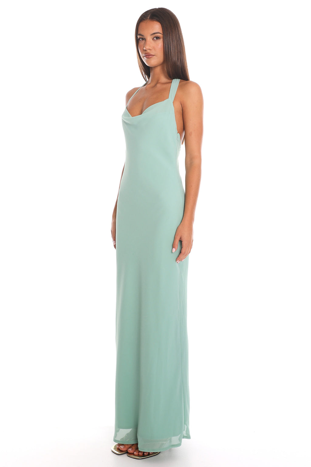 Soft Serenade Halter Column Gown Sage