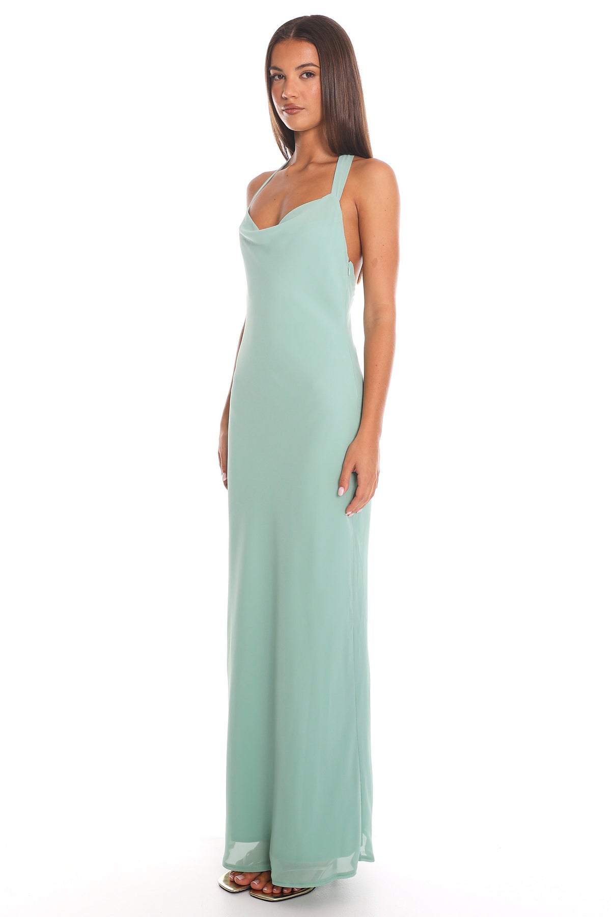 Soft Serenade Halter Column Gown Sage