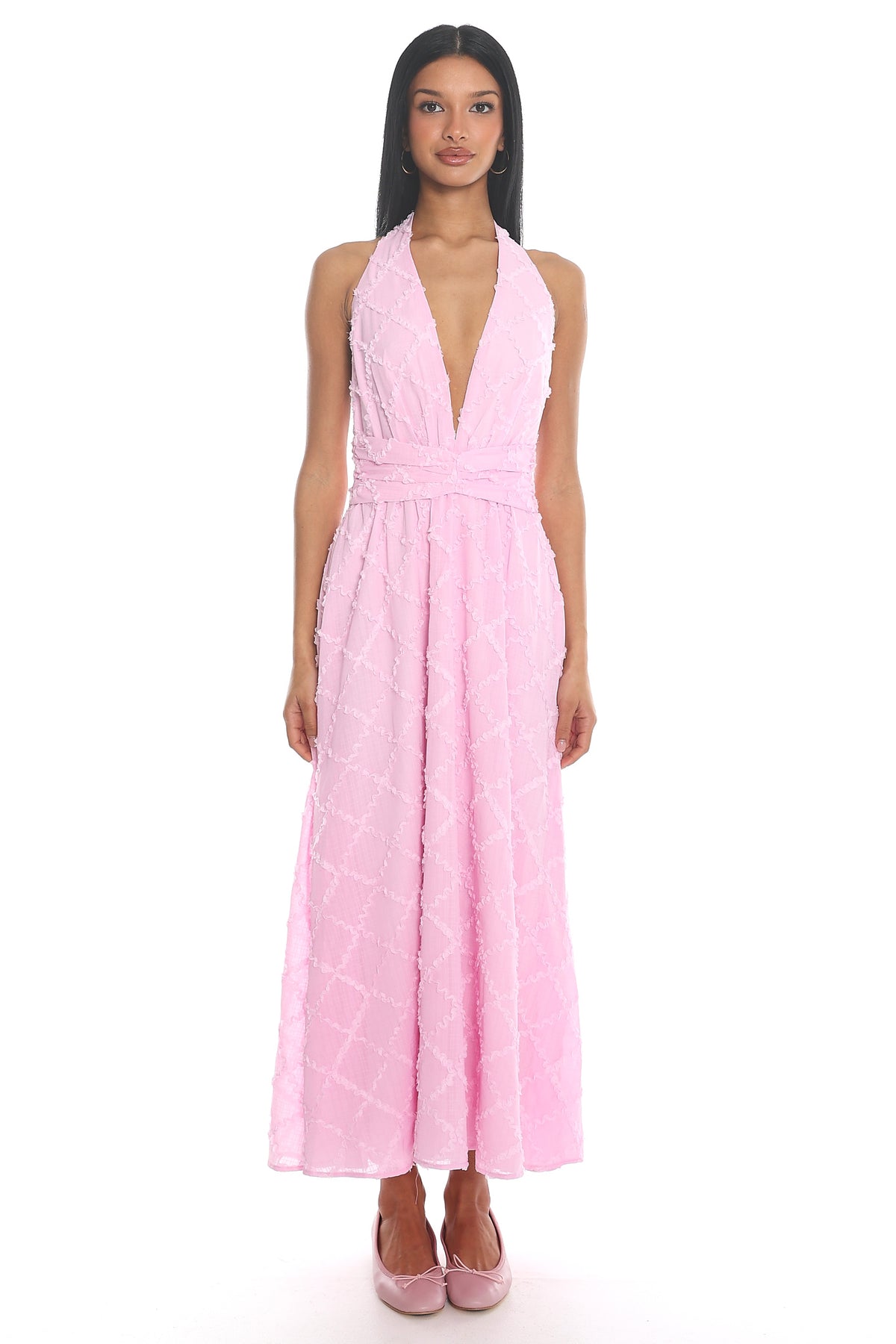This Time Textured Halter Midi Dress Pink