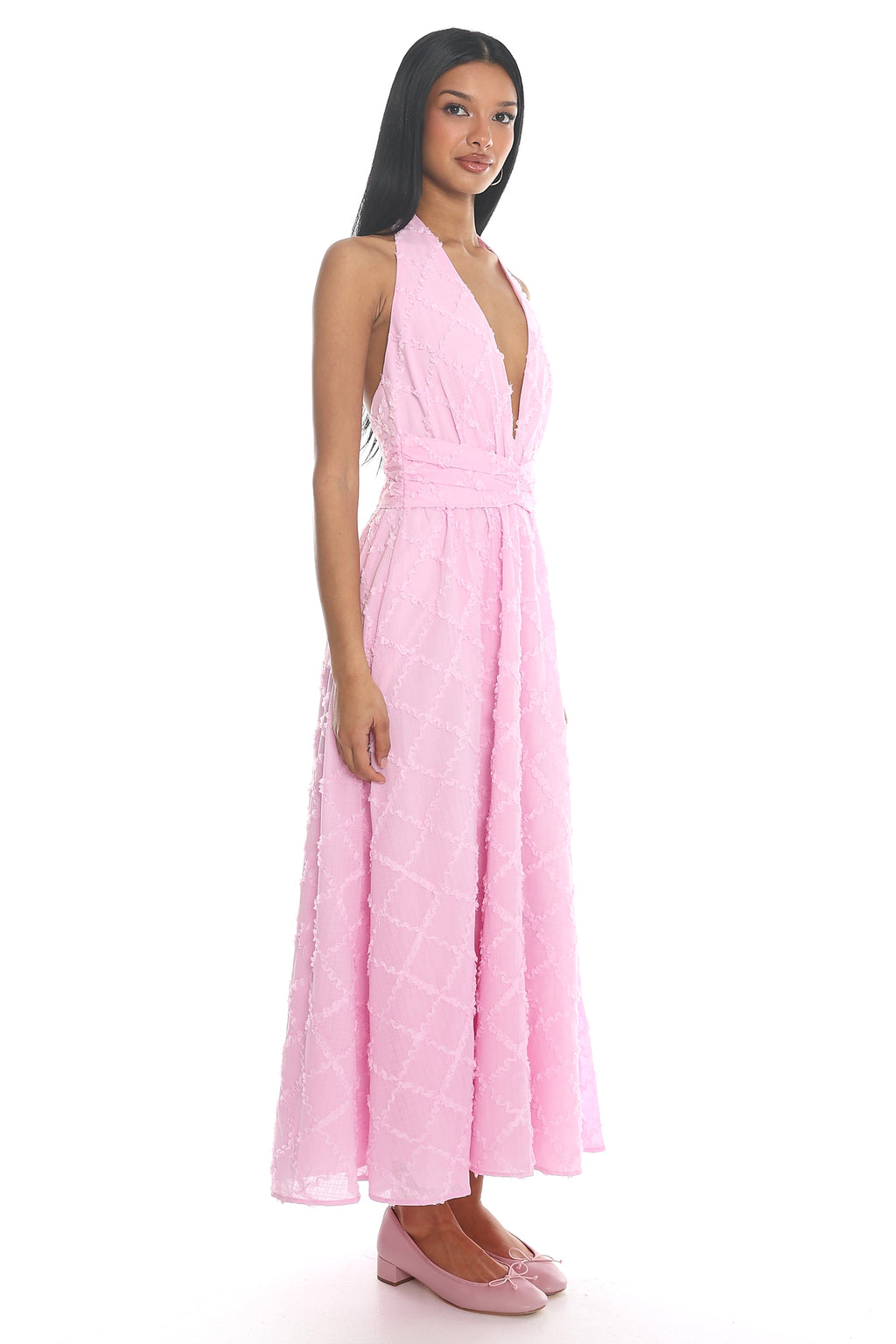 This Time Textured Halter Midi Dress Pink