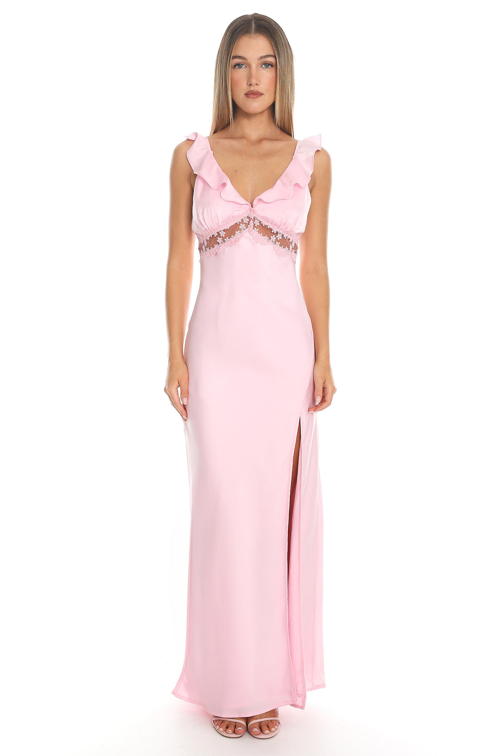 Calla Ruffle Lace Trim Maxi Dress Pink