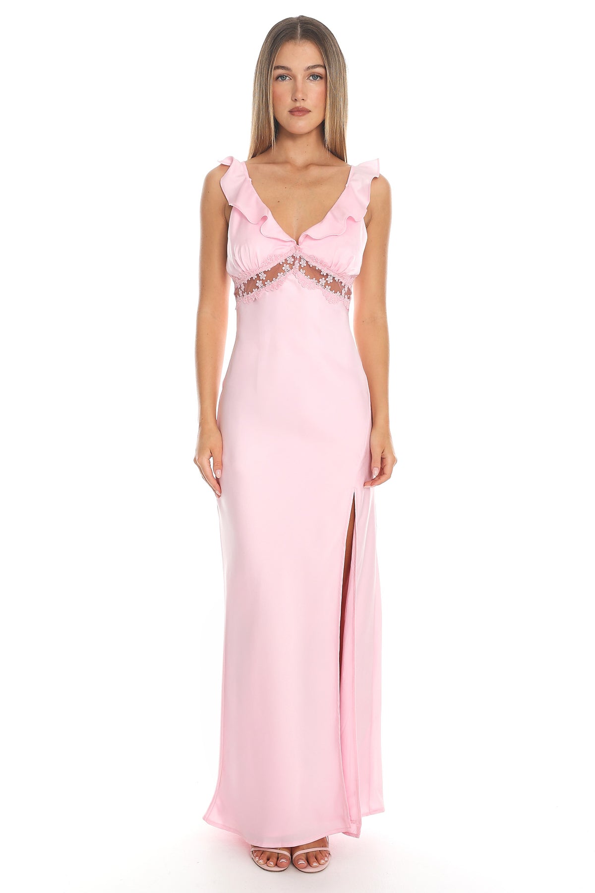Calla Ruffle Lace Trim Maxi Dress Pink