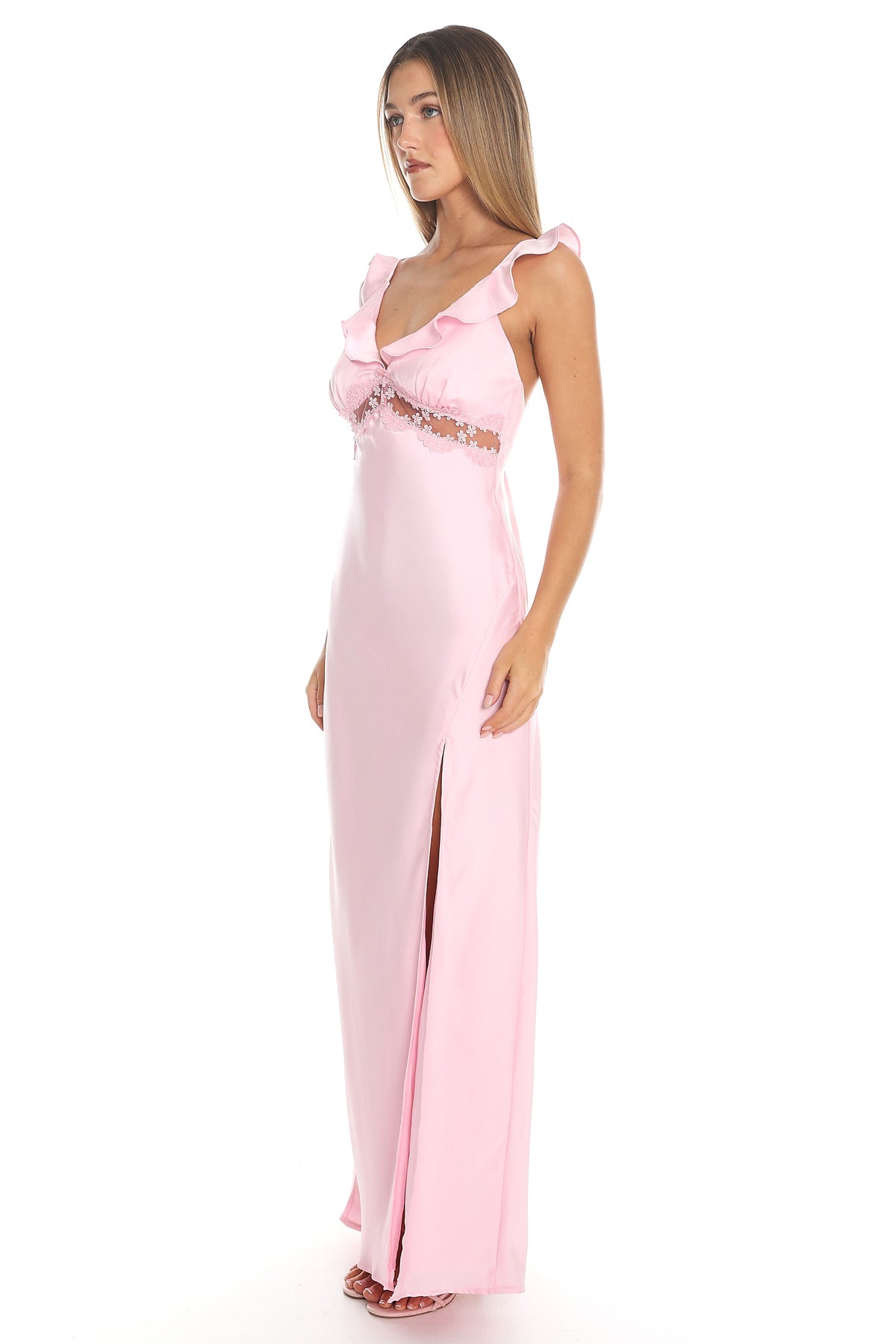 Calla Ruffle Lace Trim Maxi Dress Pink